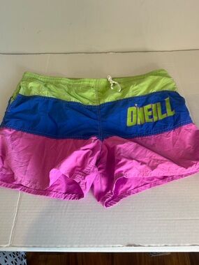Vintage 90s  O'Neill Neon size 36 Colorblock Swim Shorts - Lime, Blue, Pink